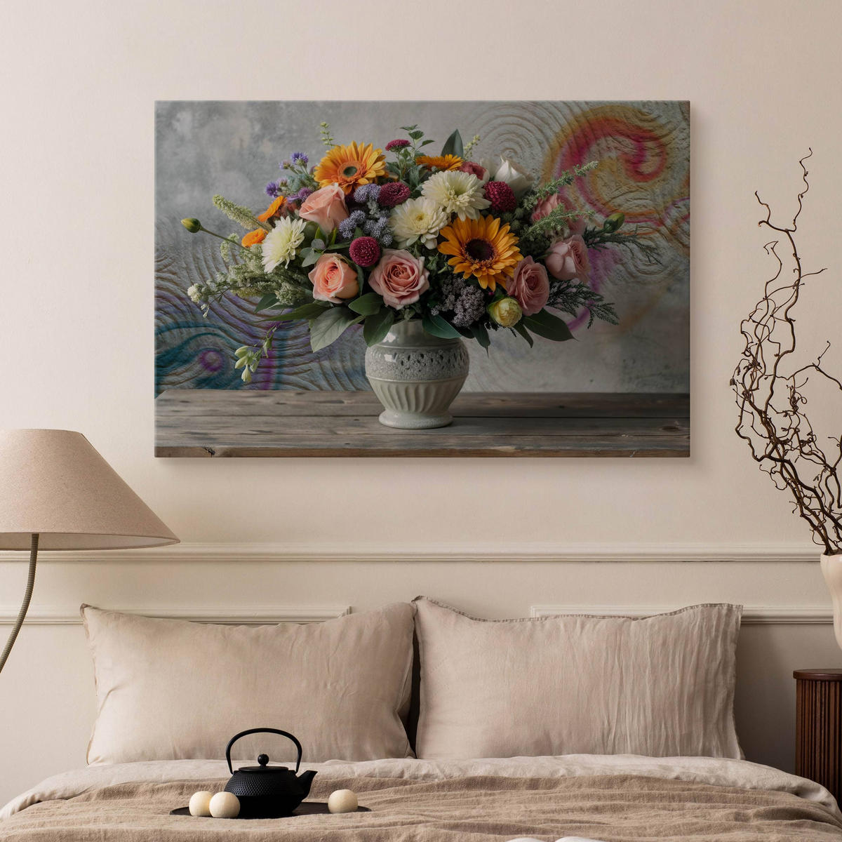 LEINWANDBILD für Wohnzimmer Blumenstrauß in Vase Ornamenten 70cm x 50cm - Blau/Beige, Textil (70/50cm) - Muralo