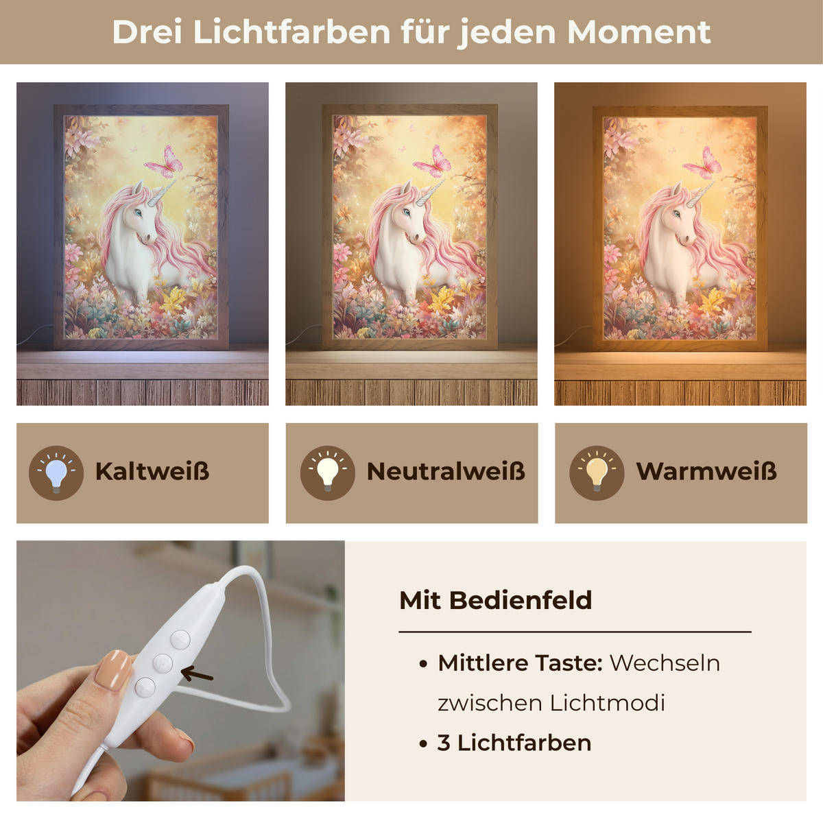 NACHTTISCHLAMPE Einhorn - Blumen - Schmetterling - Rosa 20x30 cm - Beige, Holzwerkstoff (8/20/30cm)