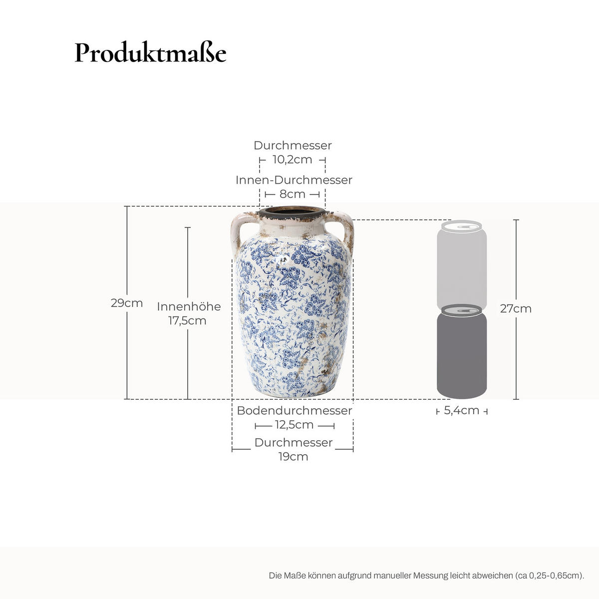 VASE Vintage, Keramik Weiß | Handbemalt, Doppelhenkel, Ø19 x H29 cm - Weiß, Keramik (29cm) - Hometopia