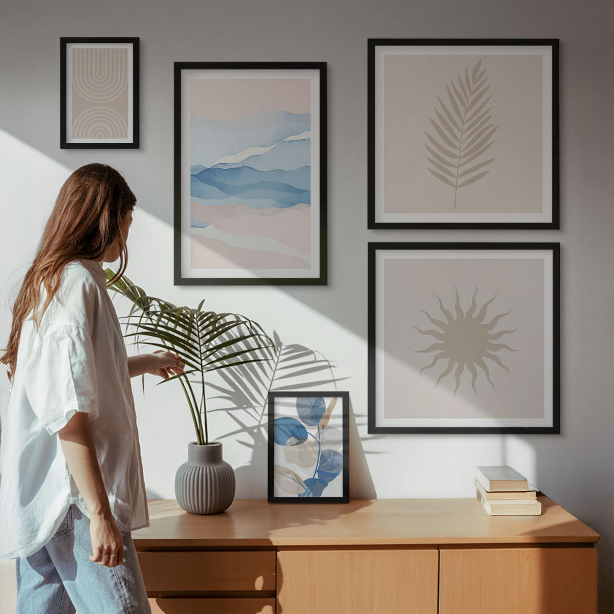 BILDER SET 5er Set - 50x50 cm & 20x30 cm & 40x60 cm Schwarzer Rahmen - Abstrakte Linien der Sonnenwellen - Schwarz, Kunststoff (40/60cm) - TULUP
