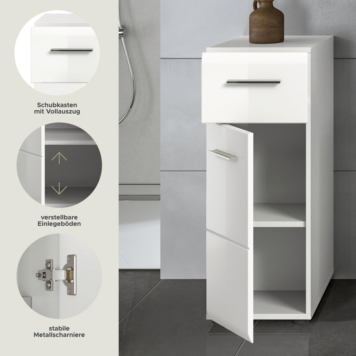 STANDSCHRANK Ice Bad in weiß Nachbildung und weiß hochglanz B/H/T: 30x80x30 cm - Weiß, Holz (30/80/30cm)