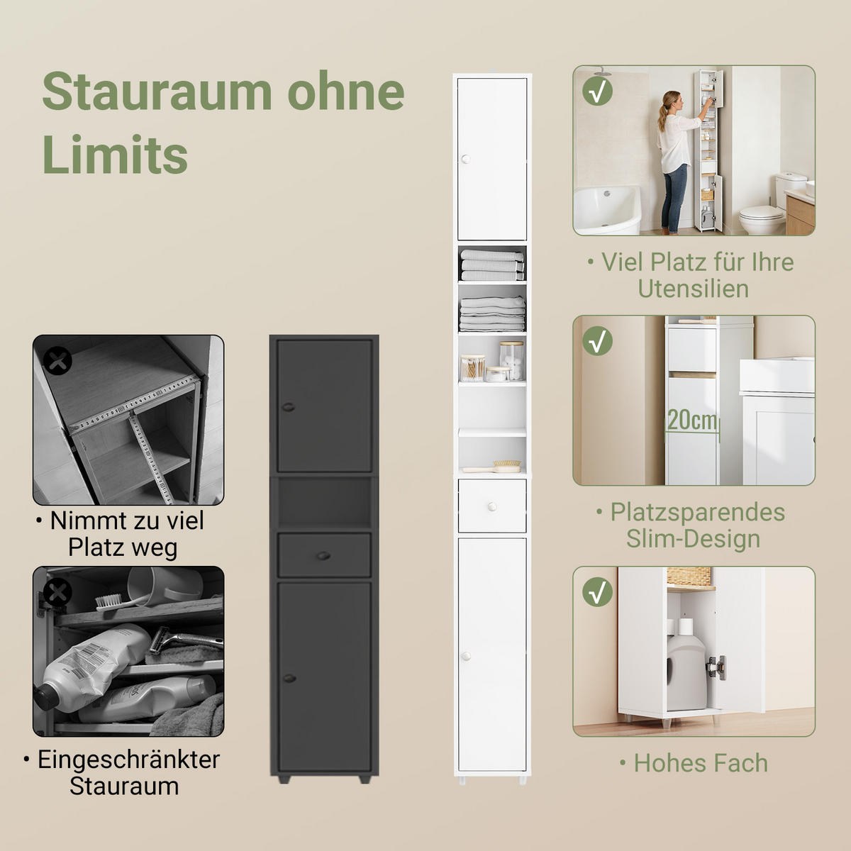 HOCHSCHRANK Schmal, Weiß-Natur, 20x180x20cm - Weiß/Naturfarben, Holzwerkstoff (20/180/20cm) - SoBuy