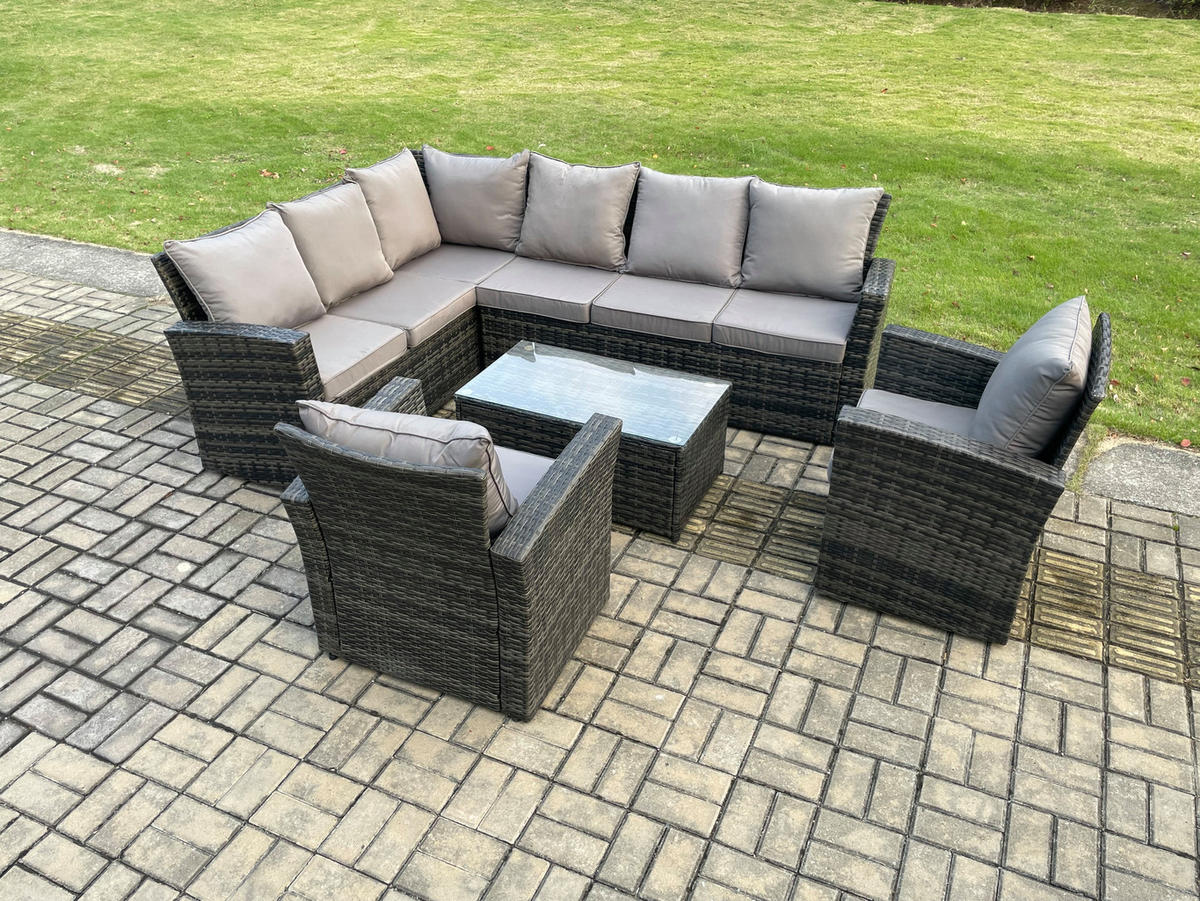 BALKONMÖBEL-SETS mit Ecksofa,Länglicher Couchtisch,2 große Fußhocker,Stuhl Polyrattan Dunkelgrau 8-Sitzer - Dunkelgrau/Grau, Glas/Kunststoff - Fimous