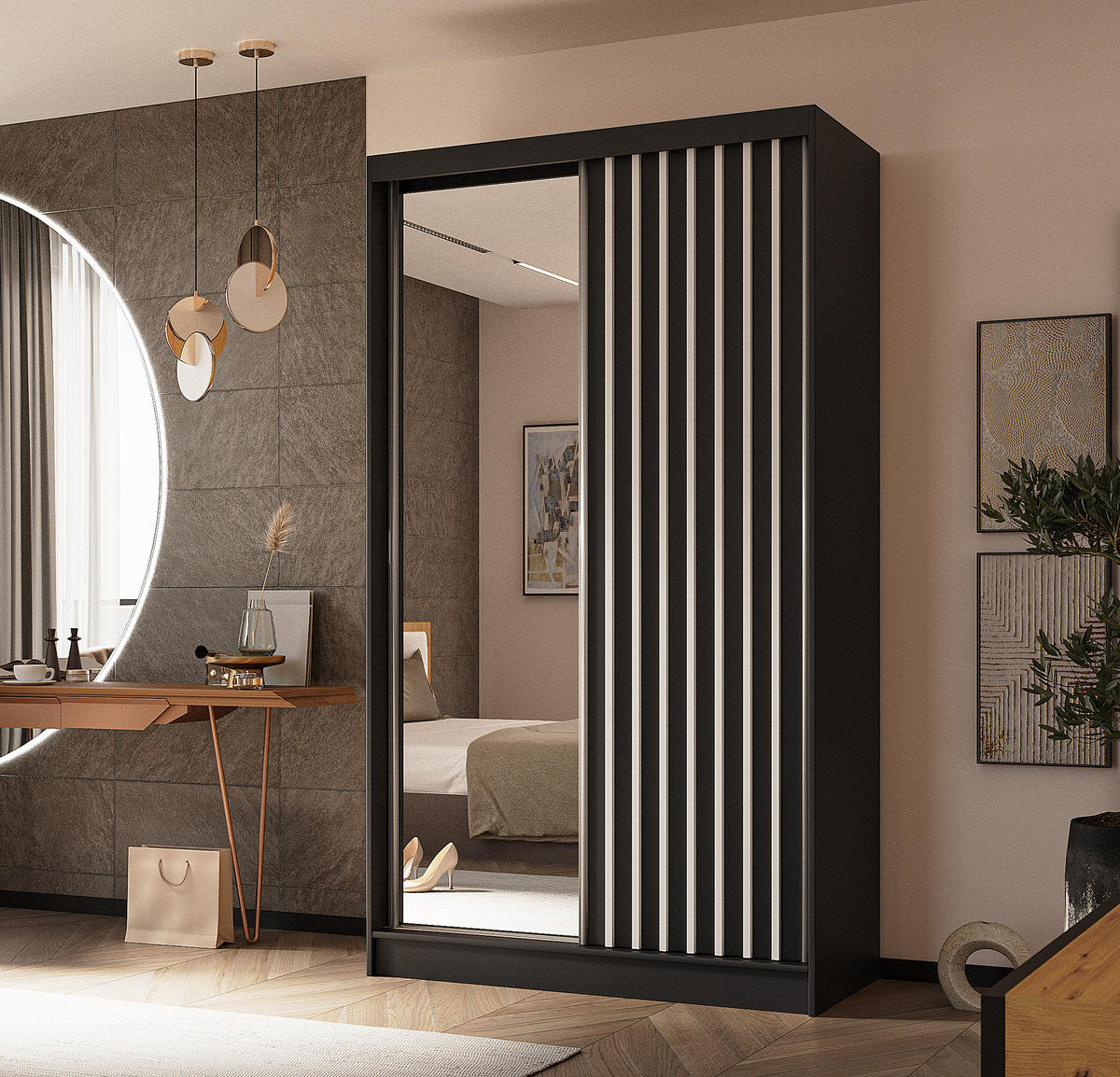 SCHWEBETÜRENSCHRANK Cabinio Schwarz 120/216/61 cm – mit Spiegel und Lamellen - Schwarz/Weiß, Holzwerkstoff/Kunststoff (120/216/61cm) - AX Living