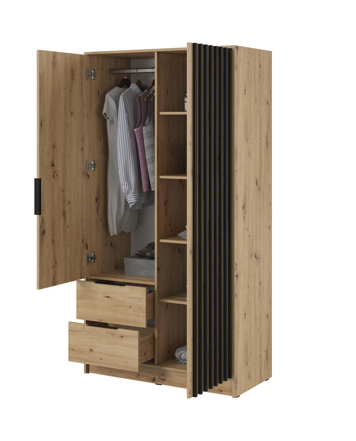 KLEIDERSCHRANK 100 cm Fioro - 2 Türen, Lamellen, Schubladen, Artisan Eiche - Eiche Artisan, Holz (105/200/51cm) - Emporius