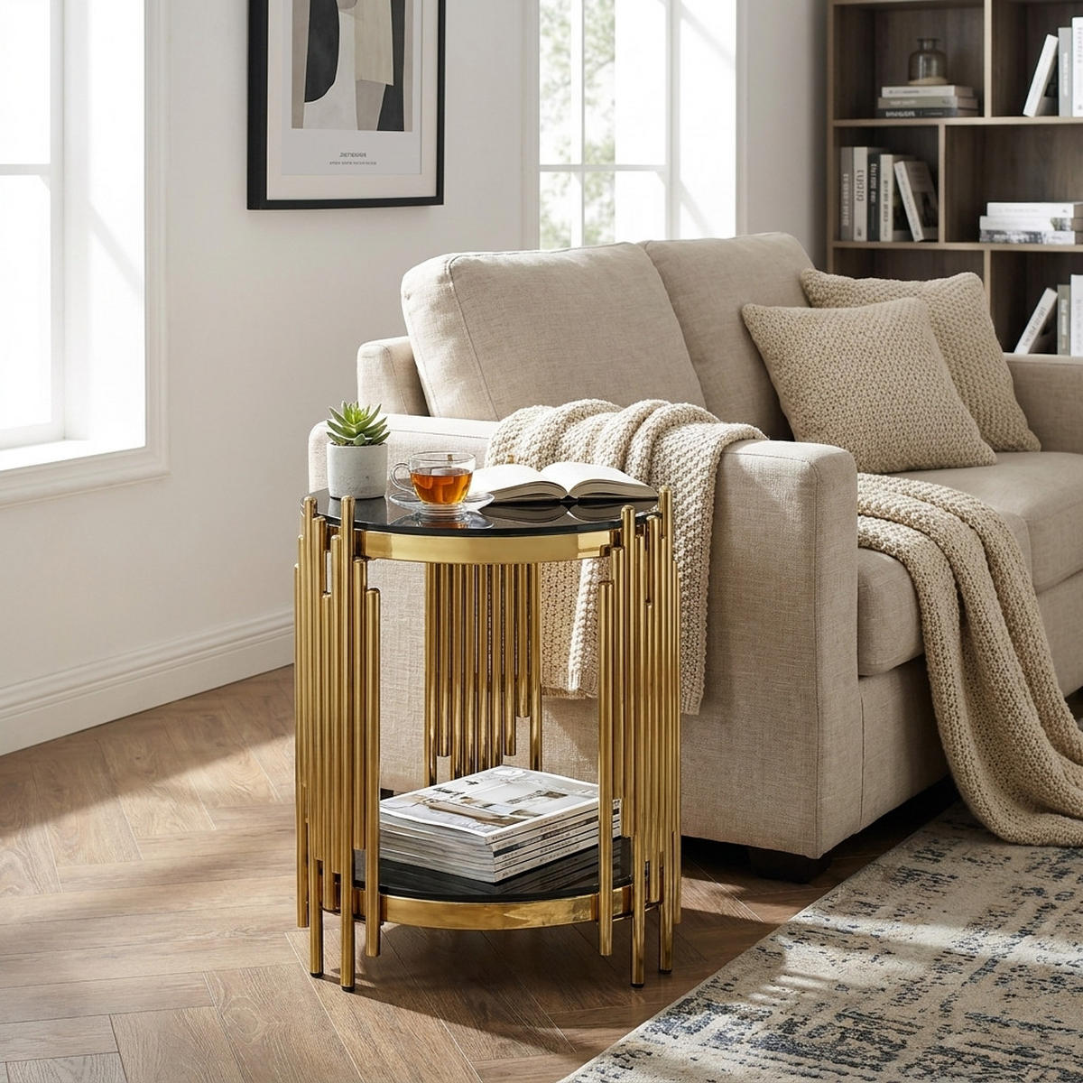 SIDOBORD glas svart & guld, 2 plan - Svart, Metall (45/45/55cm) - Urban Meuble