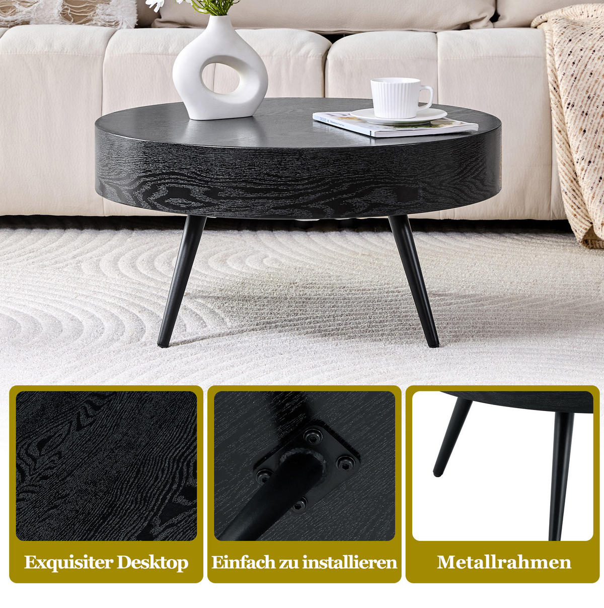 COUCHTISCH 70/70/35,5 cm mit runder Tischplatte, verstellbaren Füßen und MDF-Holzoptik, Schwarz - Schwarz, Holzwerkstoff (70/70/35.5cm) - Redom