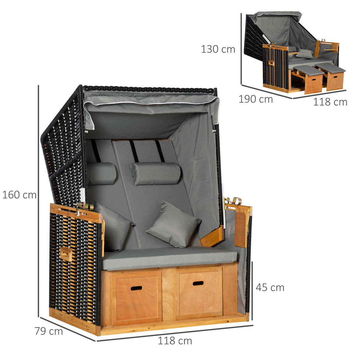 VOLLLIEGER Gartenliege PE Rattan Hellgrau 118 x 79 x 160 cm - Hellgrau, Kunststoff (79/160/118cm) - Outsunny