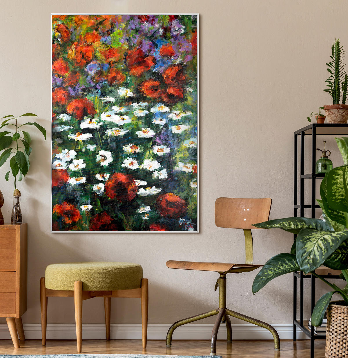 GEMÄLDE Blühende Weiten Schattenfugenrahmen Weiß 120x80 cm - Weiß, Holz (120/80cm) - YS-art gallery