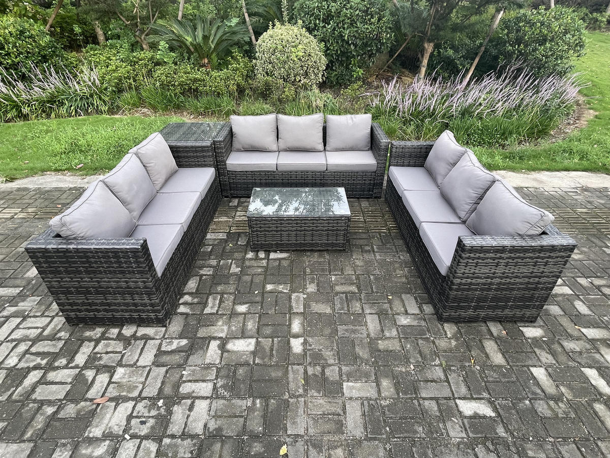 GARTENSET mit Beistelltisch Polyrattan 9-Sitzer - Dunkelgrau, Metall - Fimous