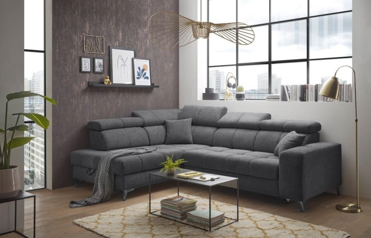 ECKSOFA mit Schlaffunktion und Bettkasten, Luxus-Mikrofaser - Anthrazit/Schwarz, Textil/Metall (282/198cm) - ed exciting design