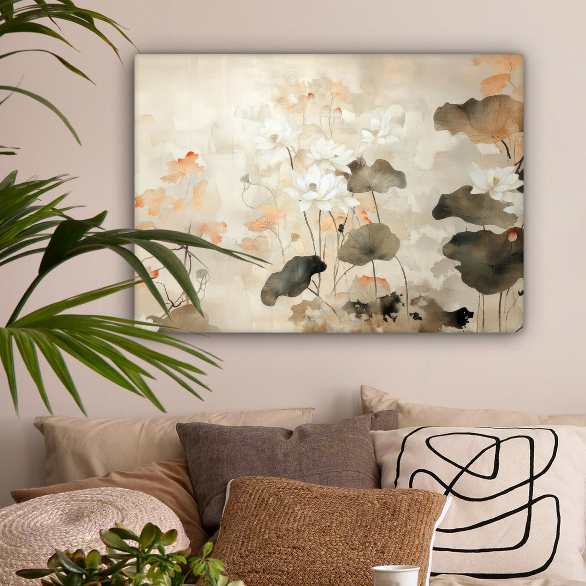 LEINWANDBILD Blumen - Japandi - Wabi sabi Wandbilder 80x60 cm - Sandfarben, Textil (80/60cm) - MuchoWow