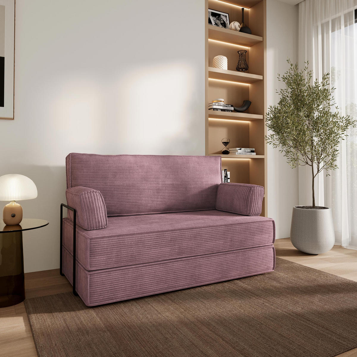 BETTSOFA LADIA aus Schaumstoff Cordstoff Lila Schlaffunktion - Lila, Textil (140/86/60cm) - MASSENO