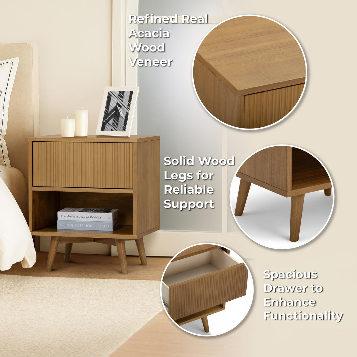 NACHTTISCH, Push-Open Schublade, 51cm, Braun - Braun, Holz (51/61/41cm) - Teamson Home