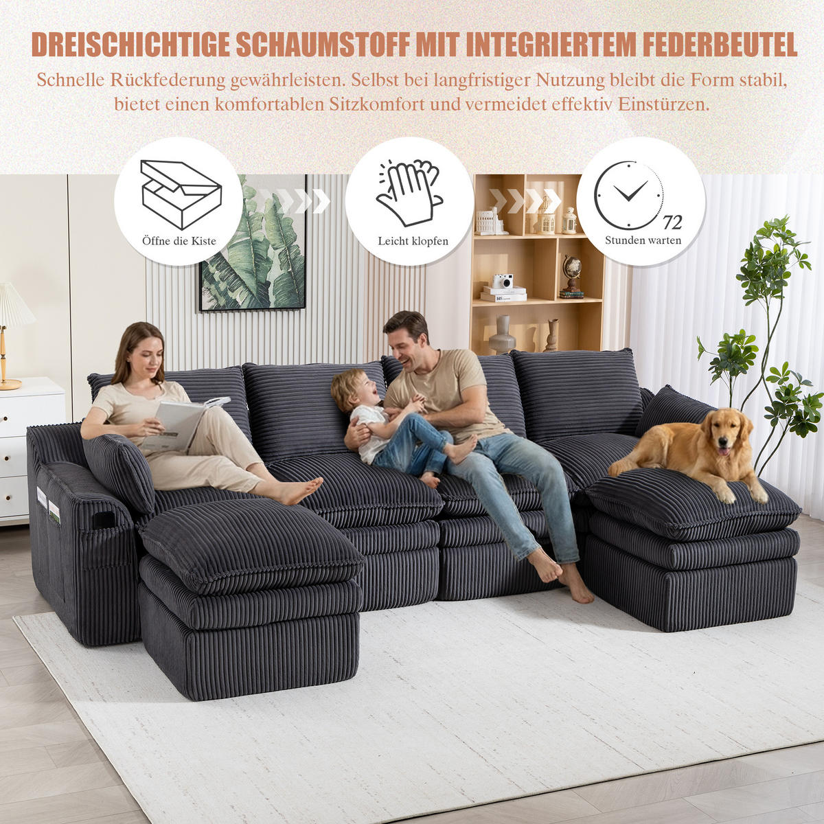 WOHNLANDSCHAFT Cord Dunkelgrau mit Kissen, Hocker und Seitentaschen - Dunkelgrau, Textil (335/85/167cm) - WISHDOR