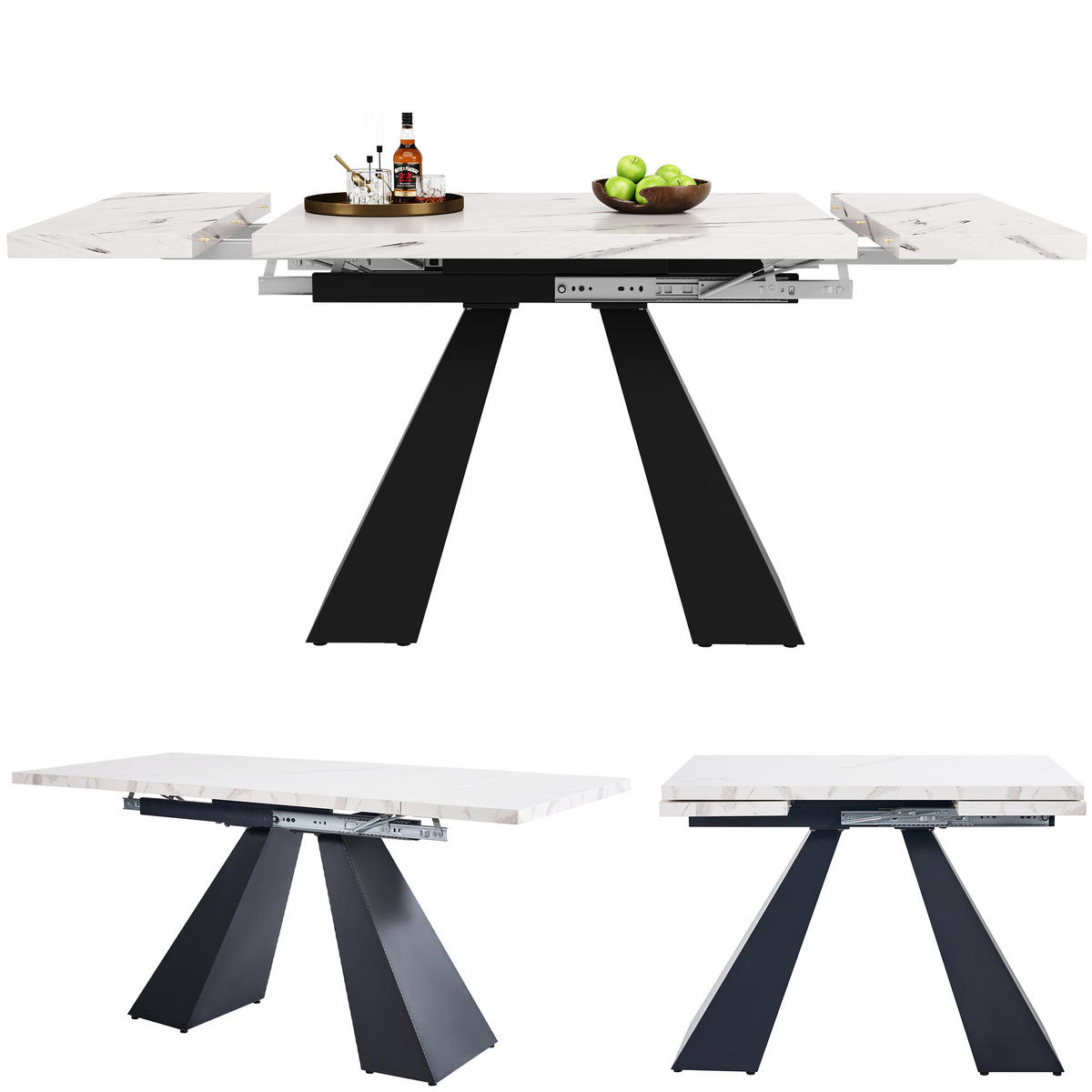 ESSTISCH 99-159x74x77 cm in Weiß und Schwarz aus MDF mit Marmoroptik auf stabilen Carbonstahl-Beinen ausziehbar - Weiß, Holzwerkstoff (74/159/77cm) - Modfu