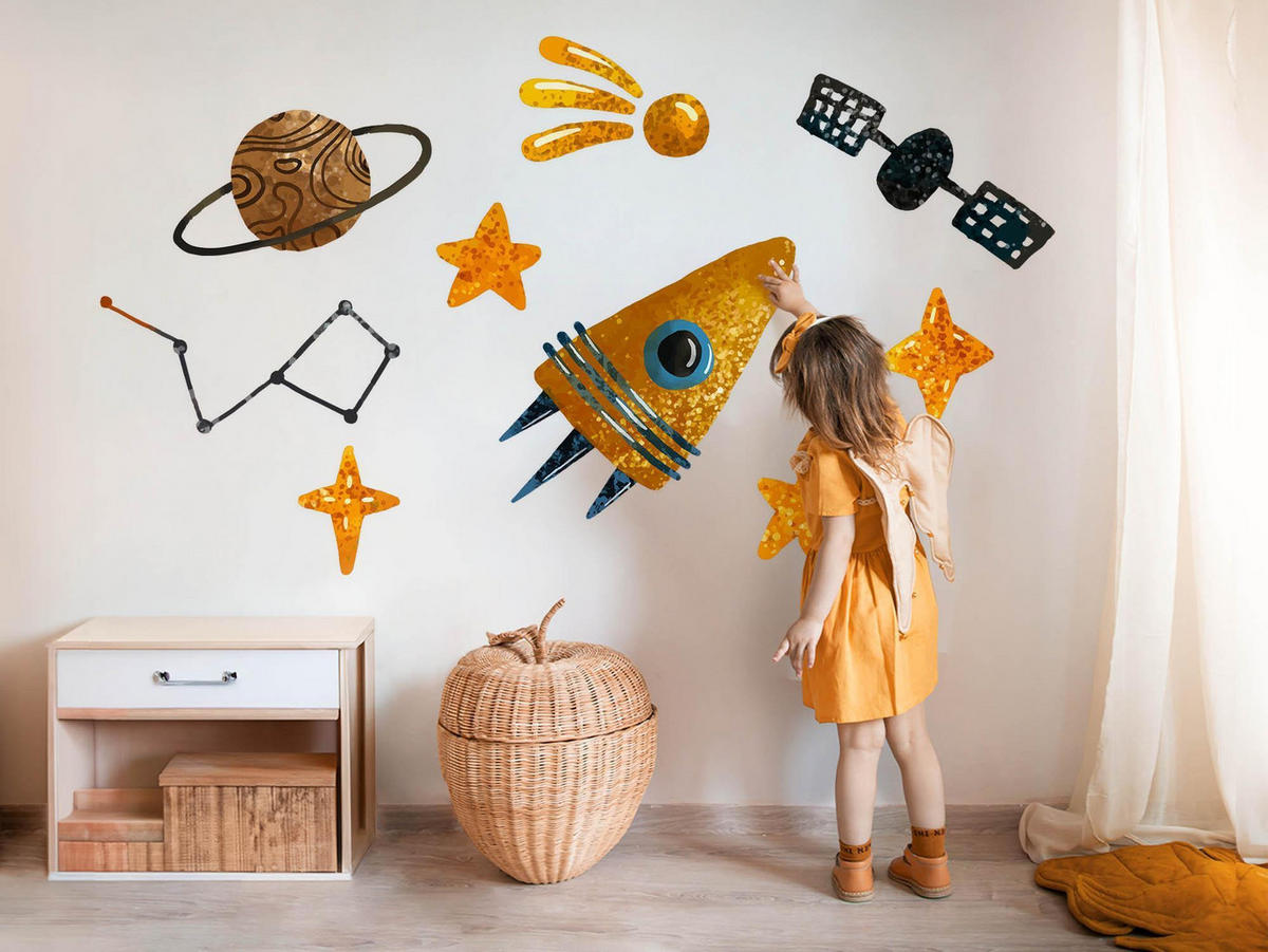 WANDAUFKLEBER 60x86cm - Raketenplanet und Sterne - Multicolor, Kunststoff (60/86/0.1cm) - Wallfluent