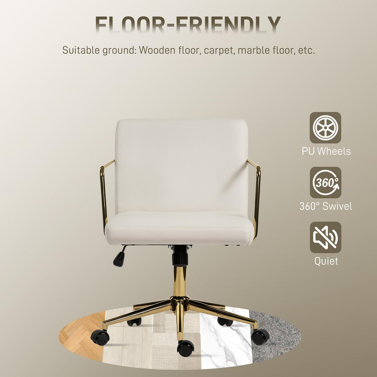 SCHREIBTISCHSTUHL höhenverstellbarer Bürostuhl mit Samtoptik Kippfunktion Creme - Goldfarben/Creme, Textil/Metall (57/90/64cm) - HOMCOM