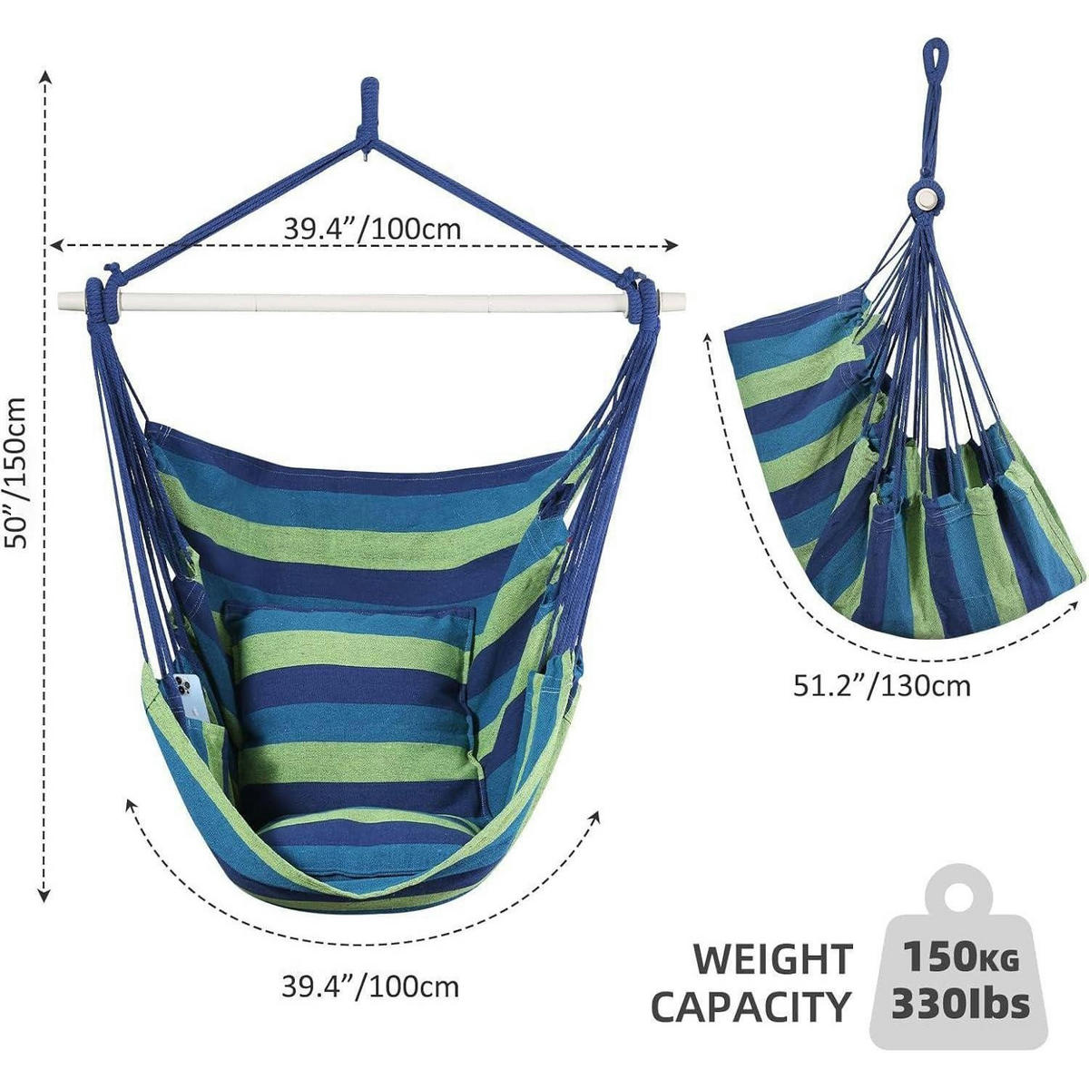 HÄNGESESSEL Blau/Grün mit 2 Sitzkissen - Multicolor, Textil (100/1.5/150cm)