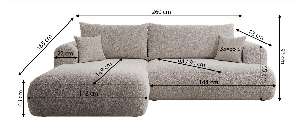 ECKSOFA Ovo Beige Boucle - Beige/Schwarz, Kunststoff/Textil (260/165cm) - Selsey