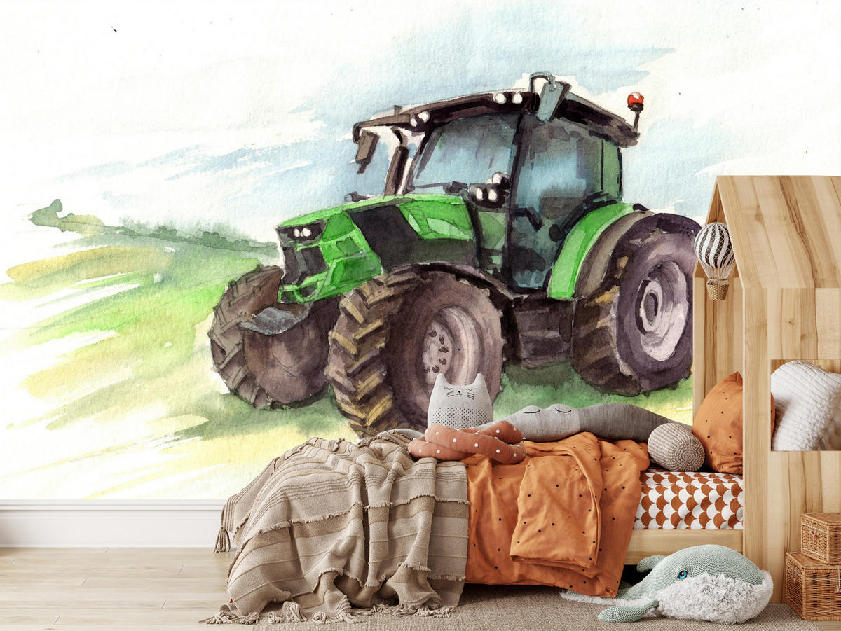 FOTOTAPETA Pre Detskú Izbu Akvarel Zelený Traktor Pole 350 x 256 cm - hnedá/čierna, papier (350/256cm) - Muralo