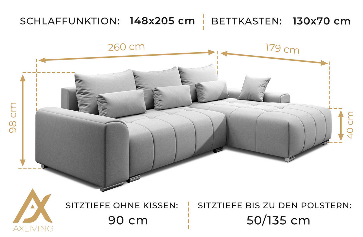 ECKSOFA L Form Rivolli Beige 260/179/98 cm – modernes Sofa fürs Wohnzimmer - Beige/Silberfarben, Textil/Metall (260/179cm) - AX Living