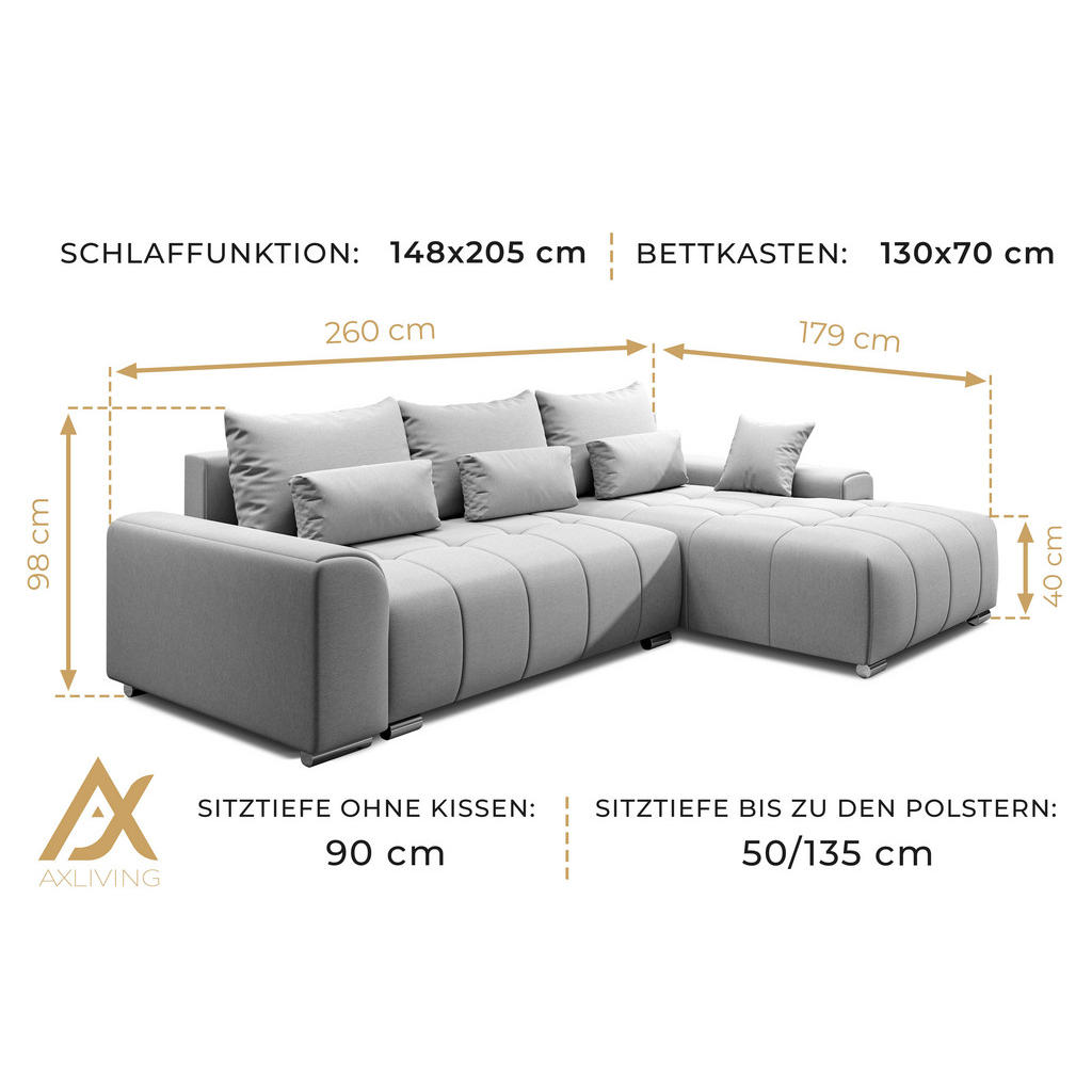 Thumbnail - AX Living Ecksofa, Schwarz, Textil, Uni, 5-Sitzer, Füllung: Polyurethan (Pur), L-Form,L-Form, kugelförmig, 260x179 cm, W...
