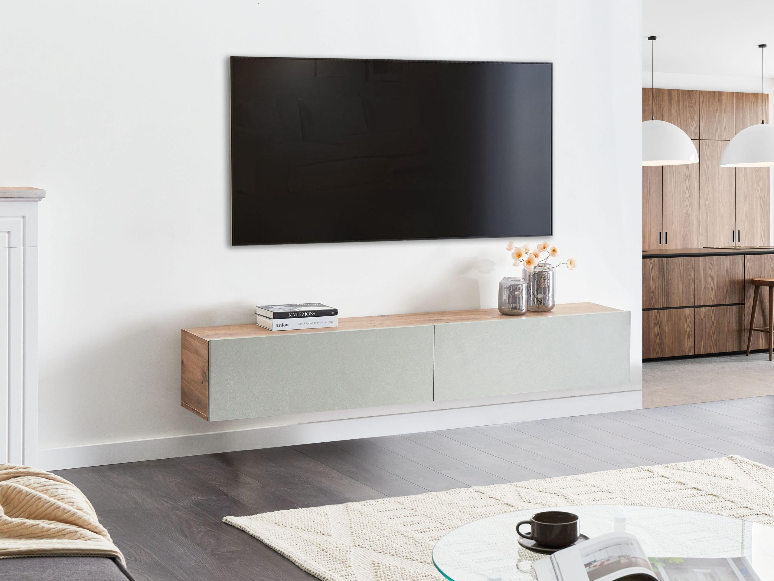 WANDMONTIERTER-TV-SCHRANK Grün/Braun Gladstone - Braun/Grün, Holzwerkstoff (180/30/32cm) - Beliani