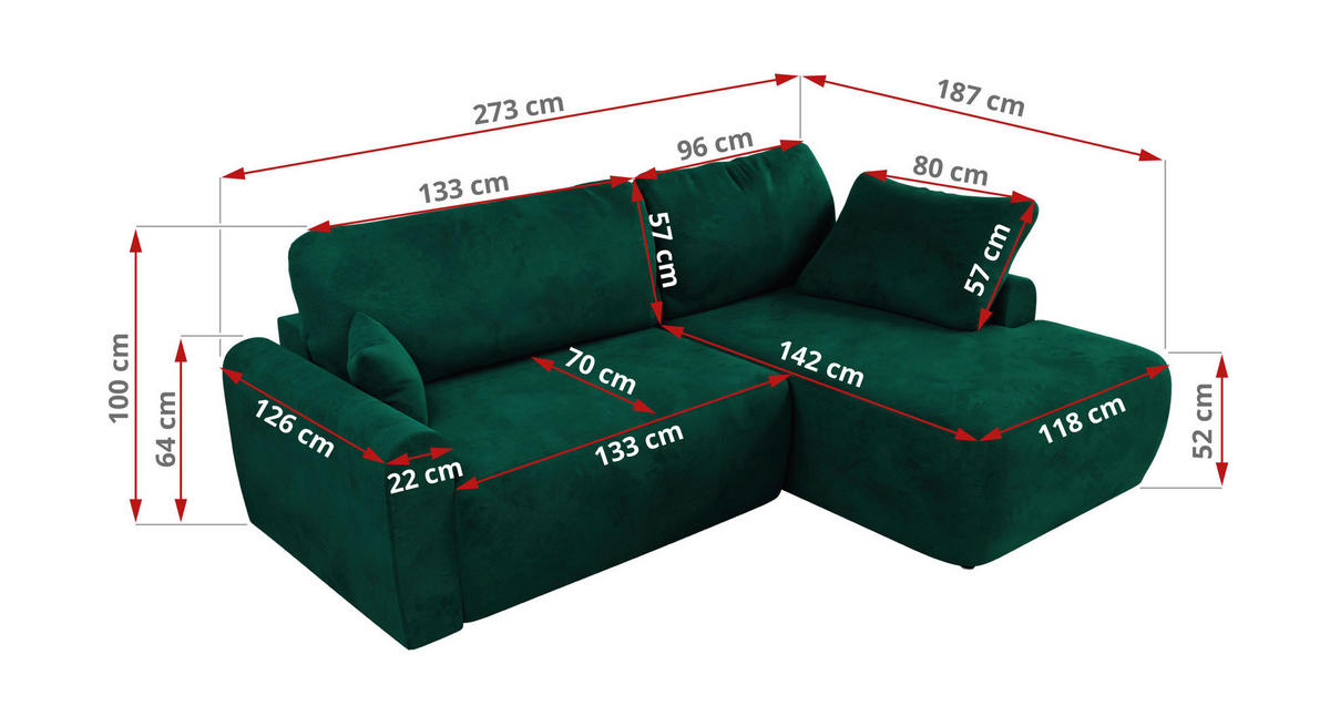 ECKSCHLAFSOFA CUBO L Dunkelgrün Velvet - rechts - Dunkelgrün/Schwarz, Kunststoff/Textil (187/273cm) - MKS