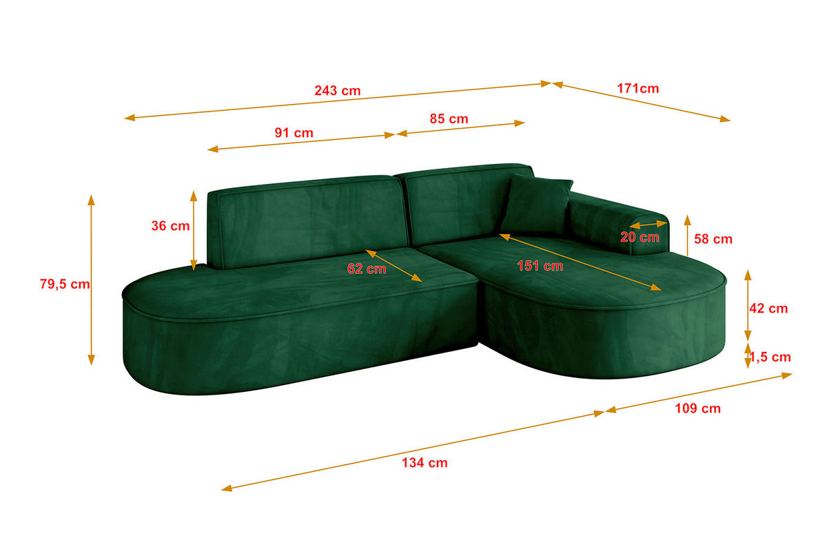 ECKSOFA Ottomane Rechts MARI-L1 - 243x171x79 cm Dunkelgrün Velours - Dunkelgrün/Schwarz, Holzwerkstoff/Kunststoff (171/243cm) - ALTDECOR