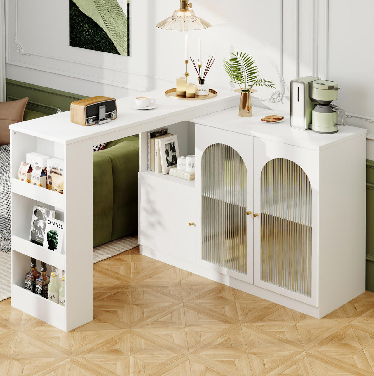 BAROVÁ skříň 120/40/97 cm bílá z MDF s otočným 360° designem a skleněnými dvířky - bílá, kompozitní dřevo (120/40/103cm) - OKWISH