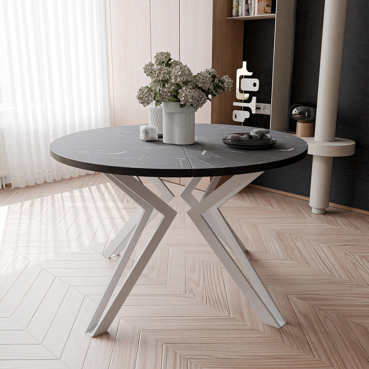 ESSTISCH ausziehbar aus MDF, Schwarz - Schwarz/Weiß, Holzwerkstoff (120/120/76cm) - Idohome