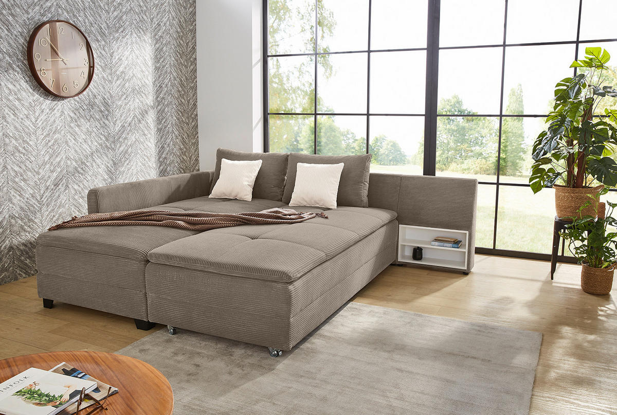 ECKSOFA-DAUERSCHLÄFER Doppelbett Boxspring Federkern Topper, seitenverkehrt montierbar B306/T223/H95 cm, Cord Braun Taupe / 15162 - Taupe/Schwarz, Kunststoff/Textil (306/223cm) - luma-home