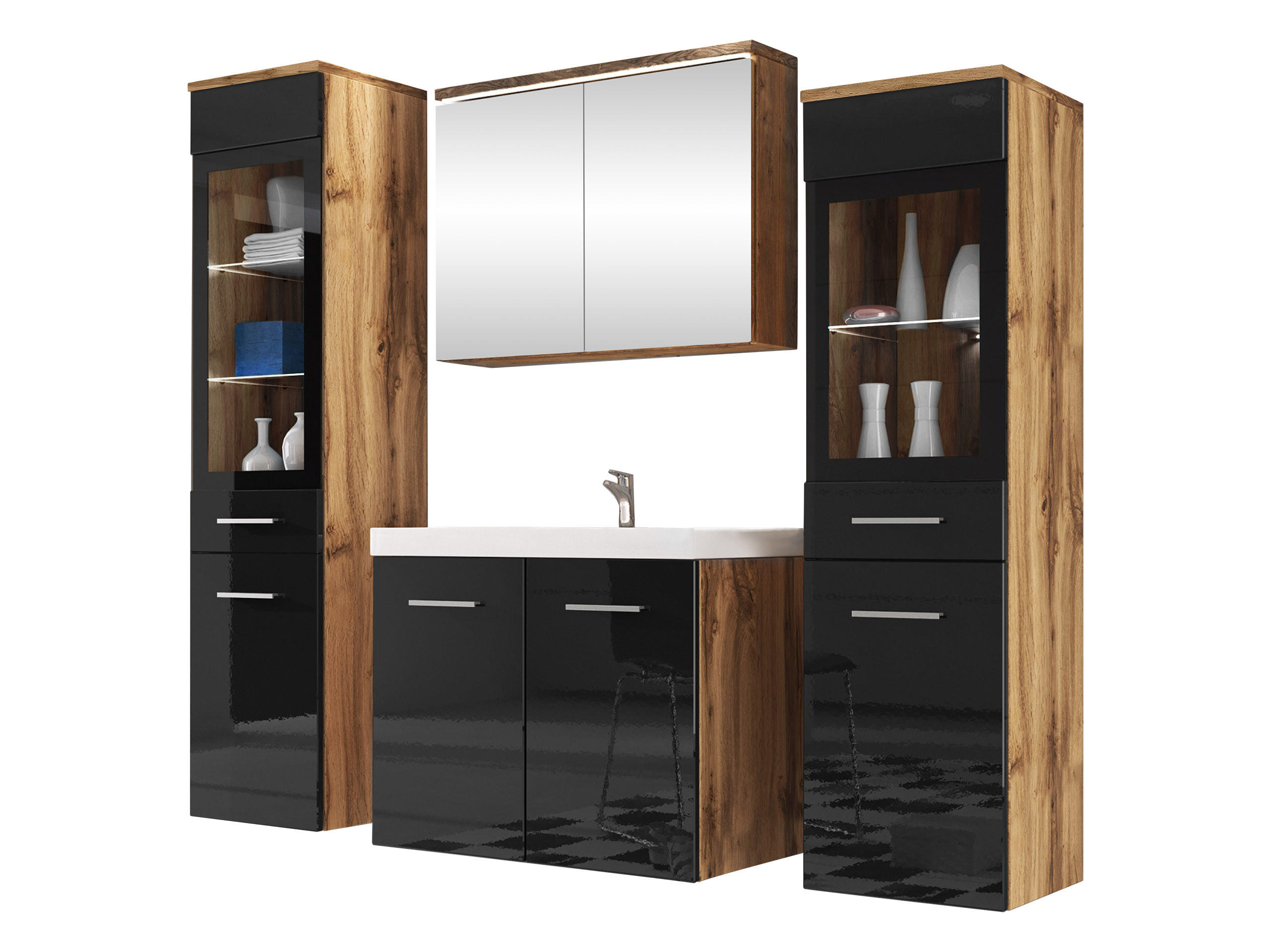 BADMÖBEL-SET Madrit II mit weißer LED Beleuchtung - Silberfarben/Eiche Wotan, Holzwerkstoff/Kunststoff (132/132/30cm) - MIRJAN24