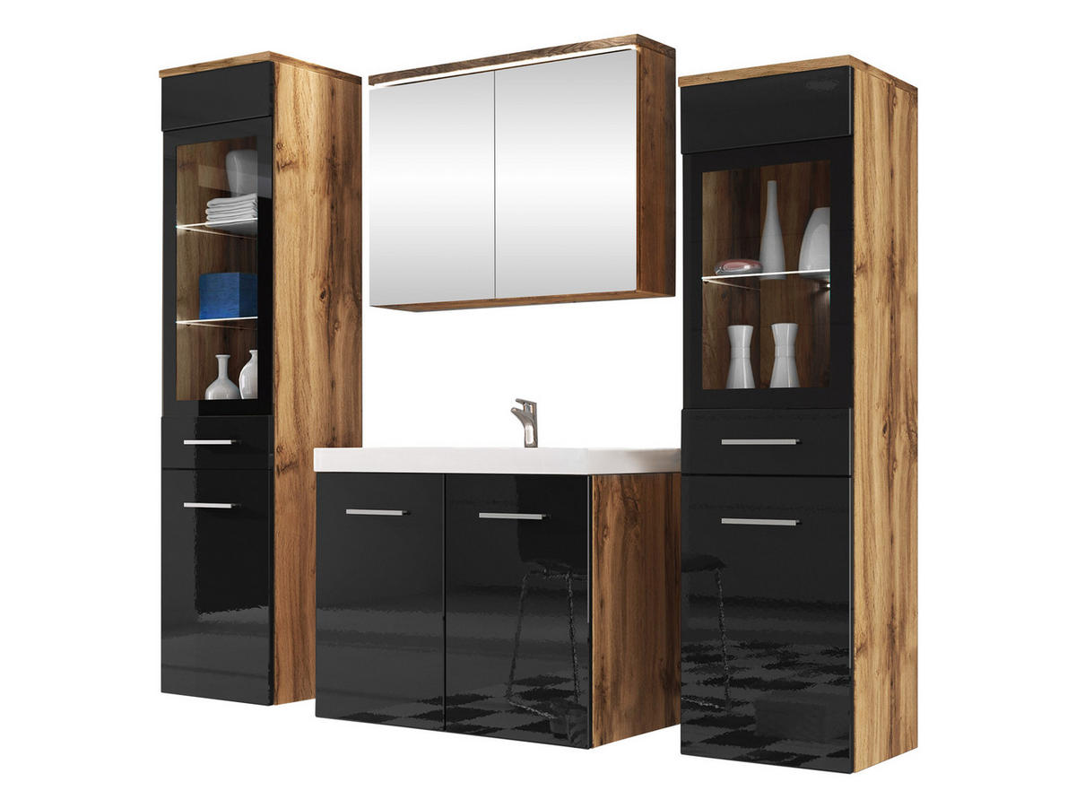 BADMÖBEL-SET Madrit II mit weißer LED Beleuchtung - Silberfarben/Eiche Wotan, Holzwerkstoff/Kunststoff (132/132/30cm) - MIRJAN24