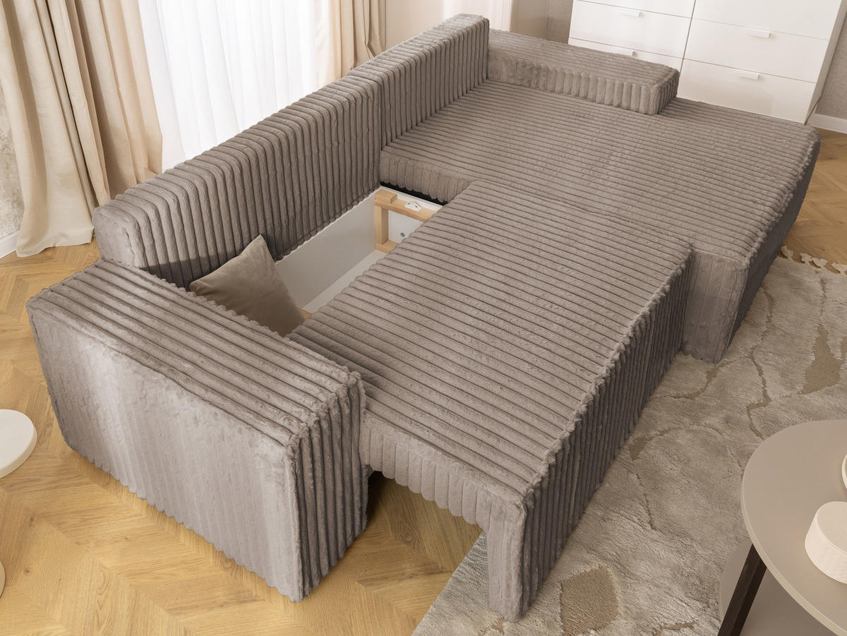 ECKSOFA Rivio mit Schlaffunktion und Bettkasten, Plüschcord Taupe - Taupe/Schwarz, Holz/Kunststoff (262/149cm) - S-Style