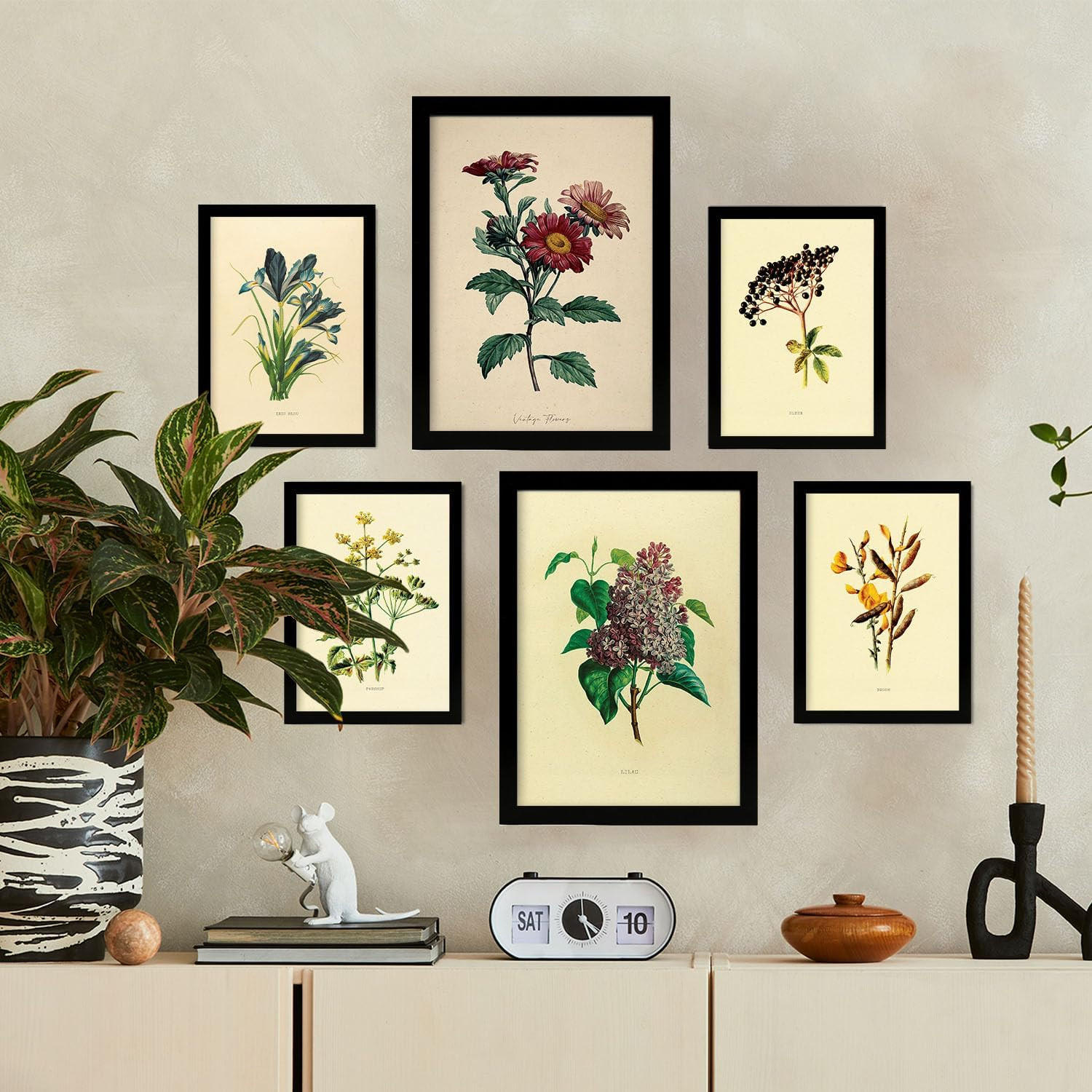 POSTER Set Mit 6 Dunkle Blumen In Vintage A3 & A4 Schwarzer Rahmen - Schwarz, Papier (29/3cm) - Nacnic