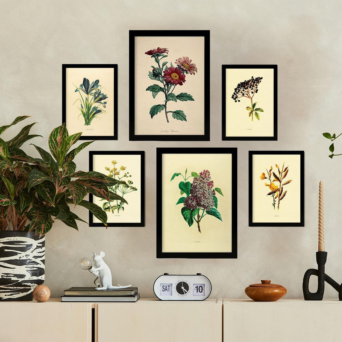 POSTER Set Mit 6 Dunkle Blumen In Vintage A3 & A4 Schwarzer Rahmen - Schwarz, Papier (29/3cm) - Nacnic