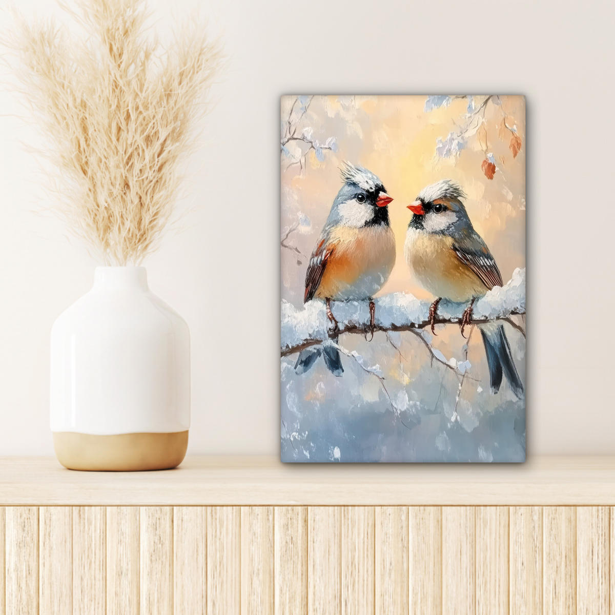 LEINWANDBILD Vögel - Zweig - Winter - Schnee 20x30 cm - Pastellblau, Textil (20/30cm) - MuchoWow