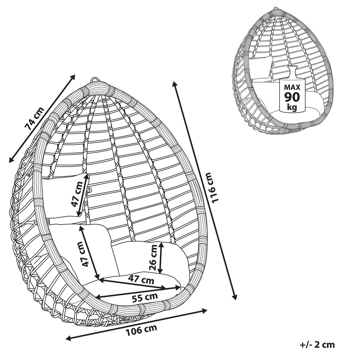 HÄNGESESSEL PE Rattan hellgrau 106 cm mit Sitzkissen Tollo - Grau, Kunststoff (106/116/74cm) - Beliani