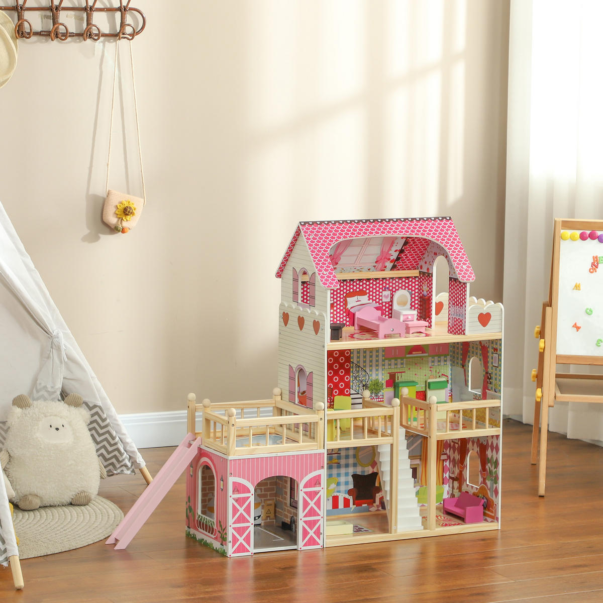 PUPPENHAUS, 3 Etagen, 13 Möbelstücke, Garage, Rutschen & Balkon, 92,1 cm, Rosa - Rosa, Holzwerkstoff (32/92.1/114.5cm) - AIYAPLAY