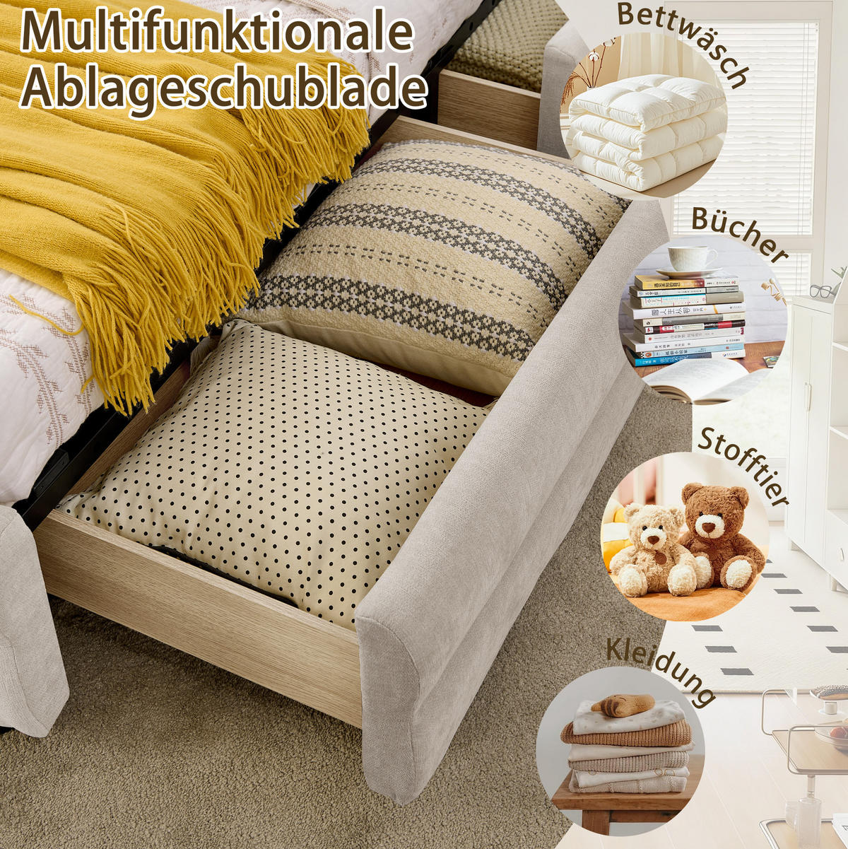 POLSTERBETT 90/200 cm in Beige mit Schubladen und USB- sowie Type-C-Anschlüssen - Beige, Textil (90/200cm) - Flora Grace
