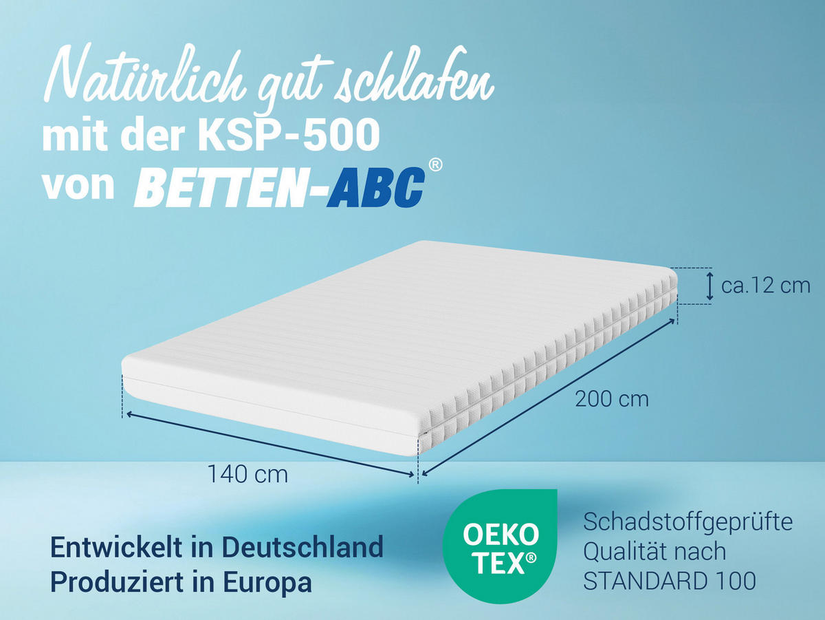 KALTSCHAUMMATRATZE KSP-500, 7 Zonen, Größe: 140x200, Härtegrad: H3 - Höhe 12cm - Weiß, Textil (140/200cm) - Betten-ABC