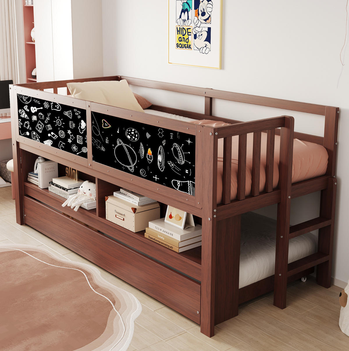 HOCHBETT 90/200 cm braun mit Kletterleiter und Graffiti-Tafel mit Matratze - Braun, Holzwerkstoff (90/200cm) - OKWISH
