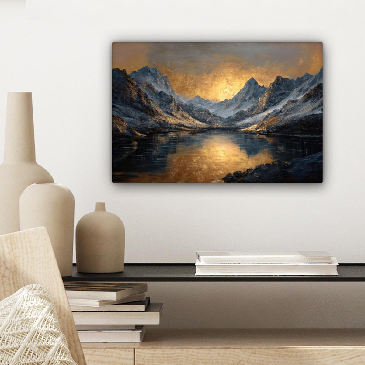 LEINWANDBILD Bergkulisse mit goldenem Sonnenuntergang Deko Schlafzimmer 30x20 cm - Goldfarben, Textil (30/20cm) - MuchoWow