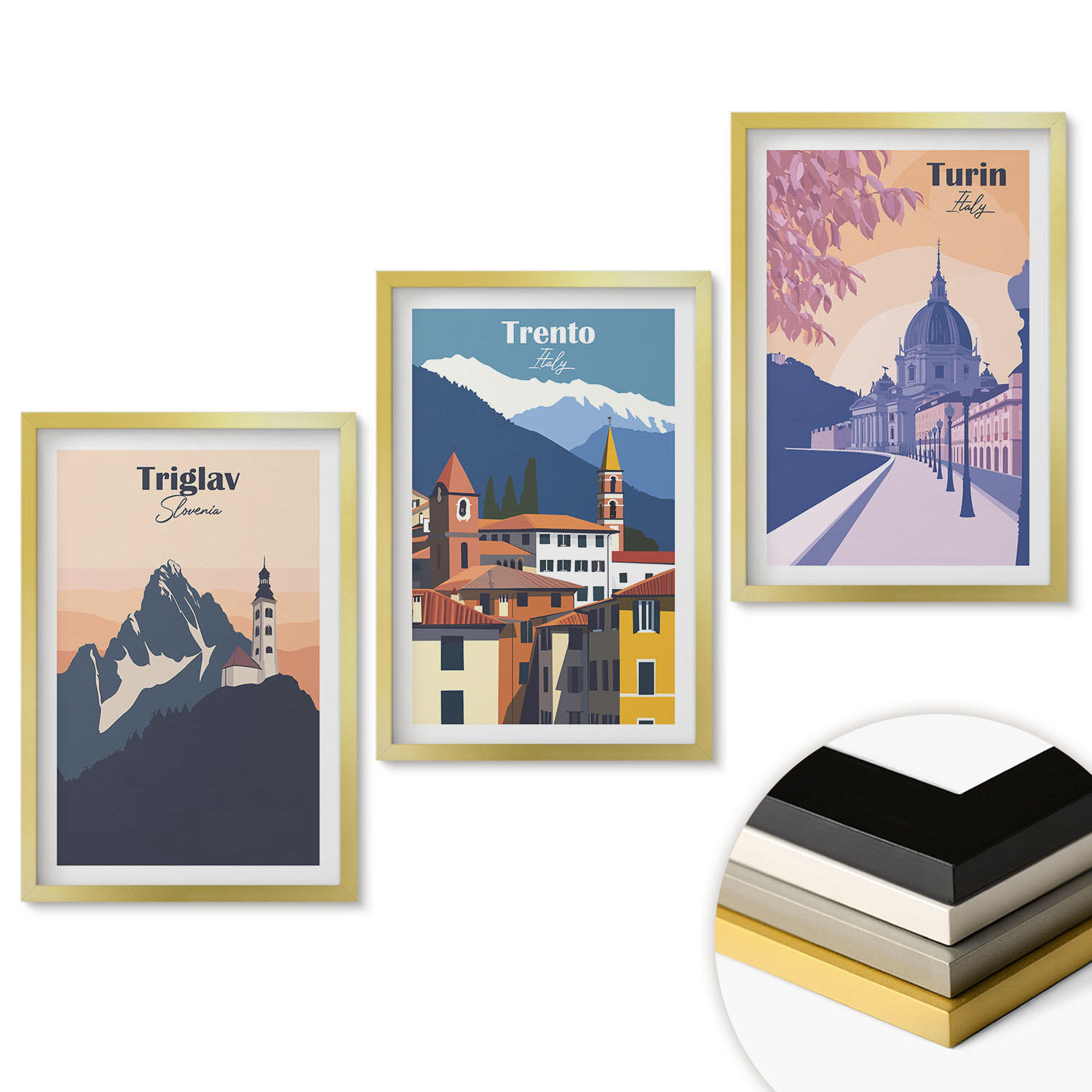 WANDBILDER 3er Set - 40x60 cm Goldrahmen - Retro-Illustrationen zur Bergarchitektur - Goldfarben, Kunststoff (40/60cm) - ArtPrintCave