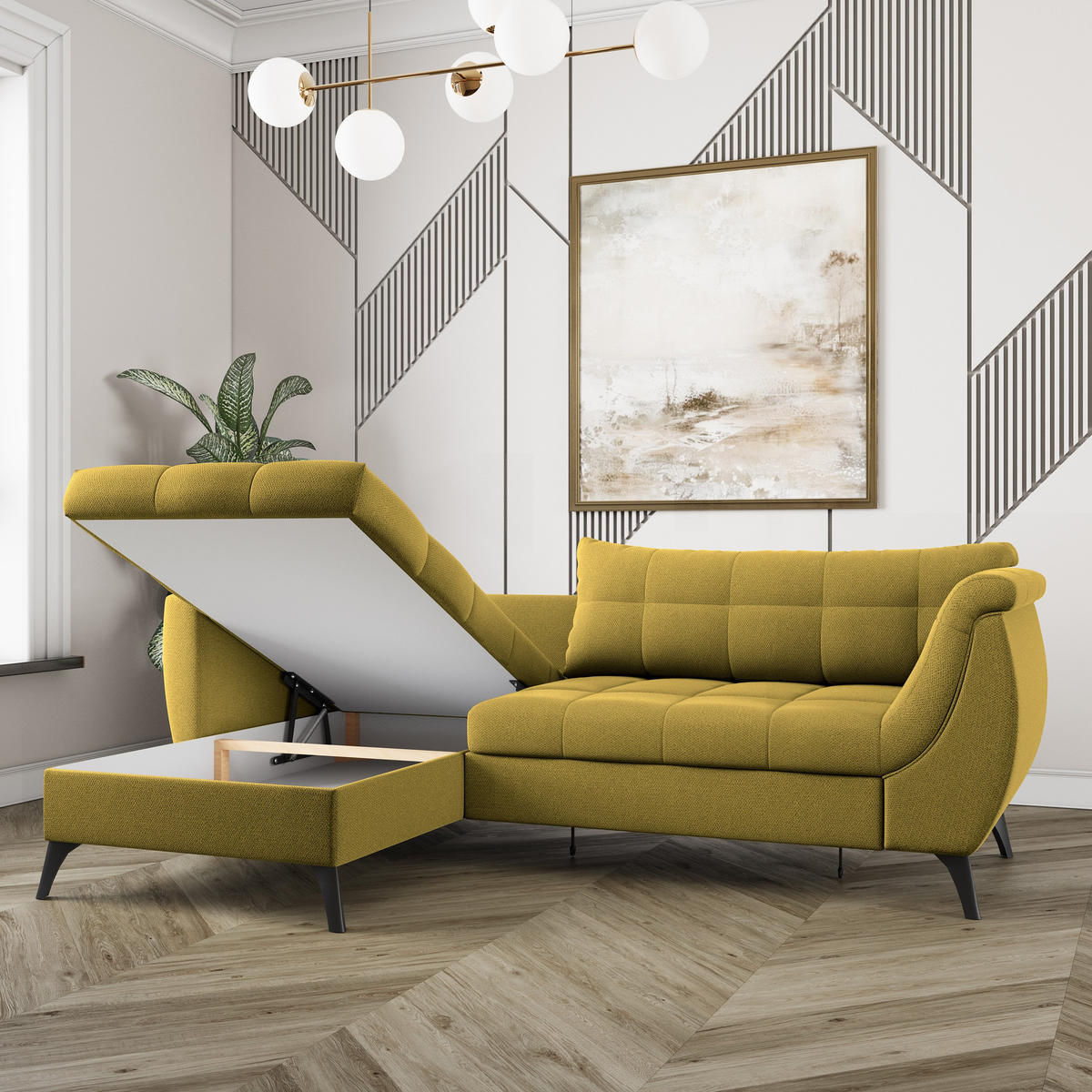 ECKSOFA MOLLIS Gelb Geflochtener-Stoff mit Schlaffunktion - Gelb, Holz (241/154cm) - MASSENO