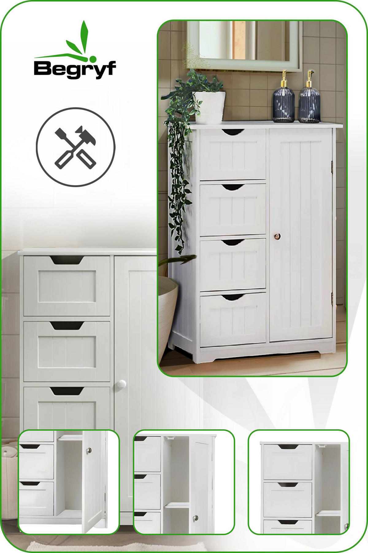 BADEZIMMERSCHRANK MDF Weiß 4 Schubladen 1 Tür 60x30x80 cm - Weiß, Holzwerkstoff (60/81/30cm) - Begryf