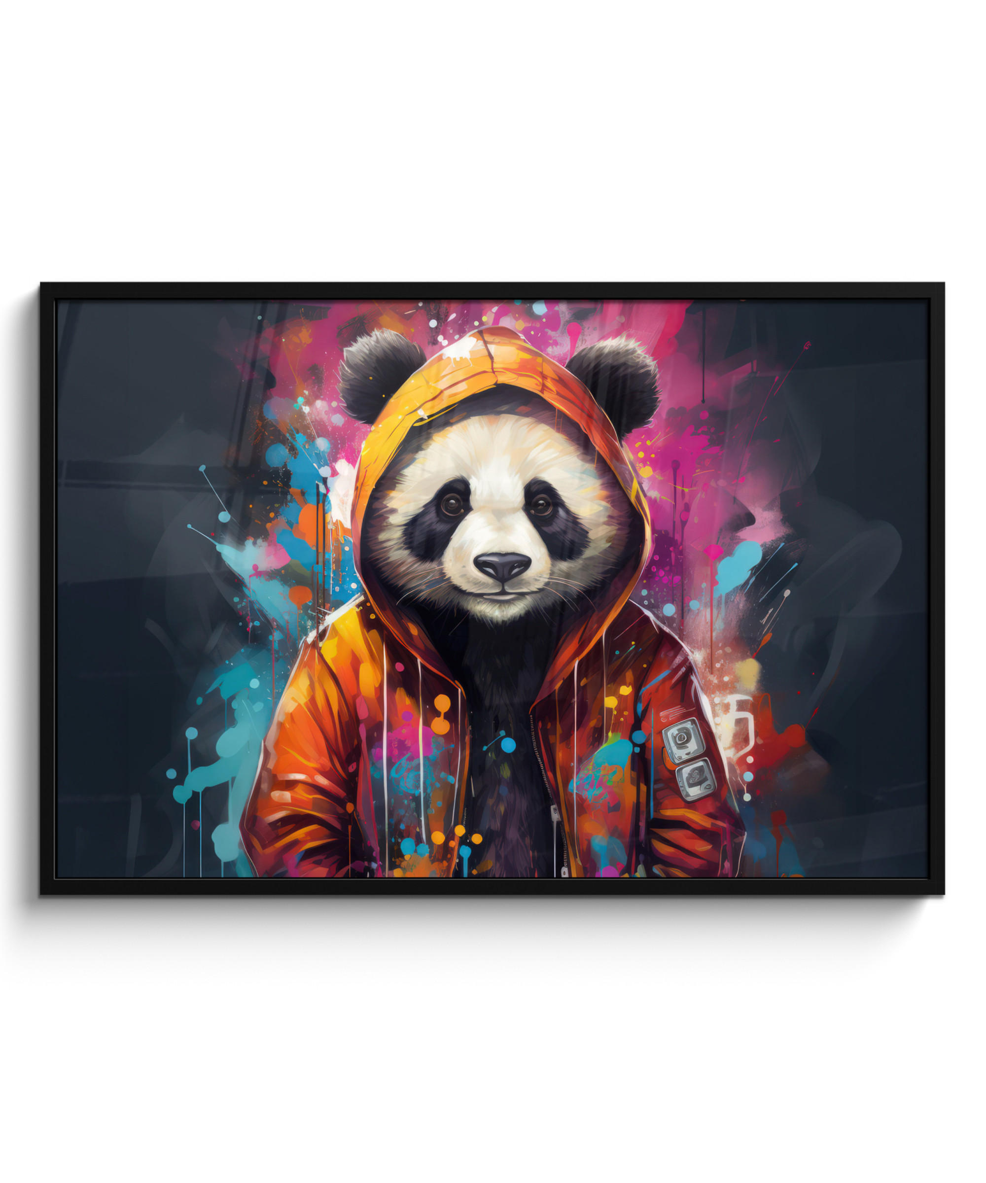 POSTER MIT RAHMENGERAHMTES BILD - Panda - Jacke - Graffiti - Orange - 120x80 cm - Orange, Papier (120/80cm) - MuchoWow