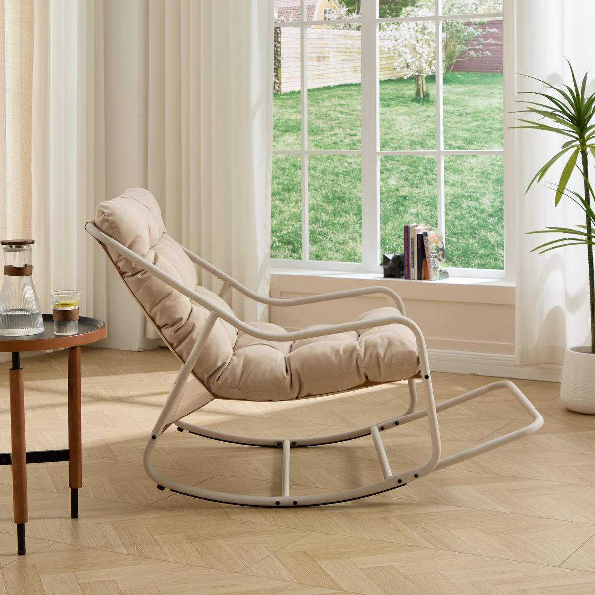 SCHAUKELSTUHL,SCHAUKELSESSEL mit Fußstütze, gepolstertem Kissen,Polyester,Beige - Beige, Kunststoff/Metall (75/82/116cm) - LVHOM